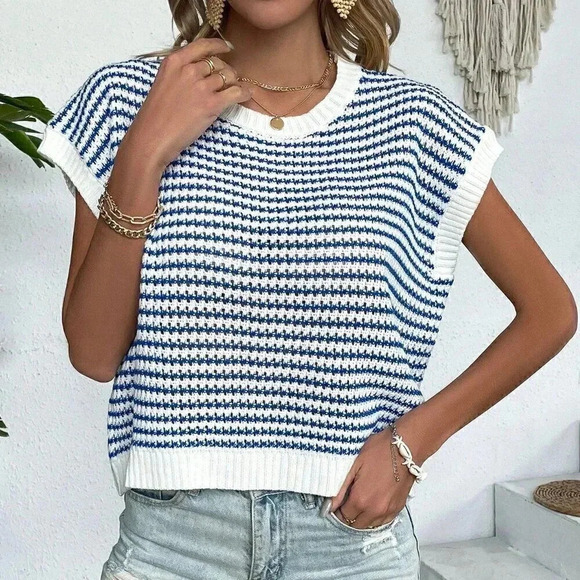 White Casual Women's Knit Mix Striped Round Neck Loose Knit Top - Picture 7 of 8